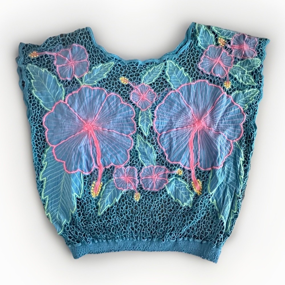 Blue Open Knit Floral Embroidered Top Sheer Boho Festival Crochet Crop Blouse